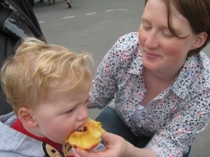 055 My son and I enjoying a perfect peach in France